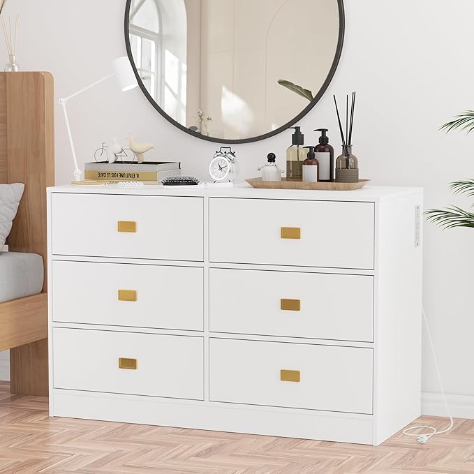 Dresser for Bedroom with 6 Drawers, Changing Table Dresser with Power Outlets, Soft Changing Pad & Removable Top, Baby Dresser with Changing Table Top for Nursery, White-CubbioJoy