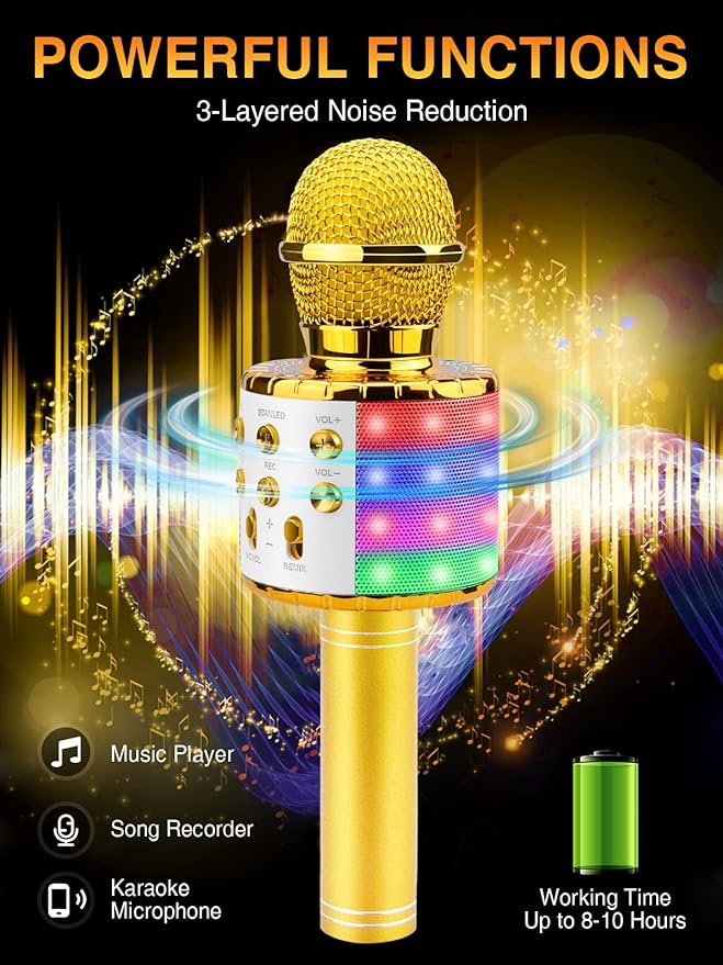 BlueFire 4 in 1 Karaoke Wireless Microphone with LED Lights, Portable Microphone for Kids, Great Gifts Toys for Kids, Girls, Boys and Adults (Gold)-CubbioJoy
