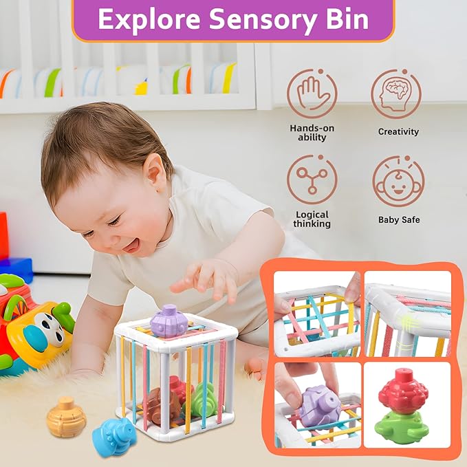 Baby Toys for 6 to 12 Months, Montessori Sensory Bins & Teething Toys, 6 in 1 Stacking Blocks, Rings, Eggs, Spinner, Crab Shape, 27 Pieces, Ages 6-36 Months-CubbioJoy