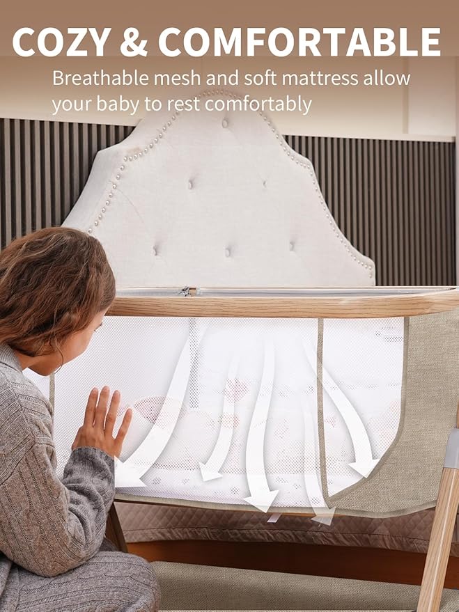 Baby Bassinet, Bassinet Bedside Sleeper with Waterproof Bassinet Sheets and Soft Mattress, Safe Adjustable Height Bedside Bassinets with Wheels, Girl/Boy Bassinets, Khaki-CubbioJoy