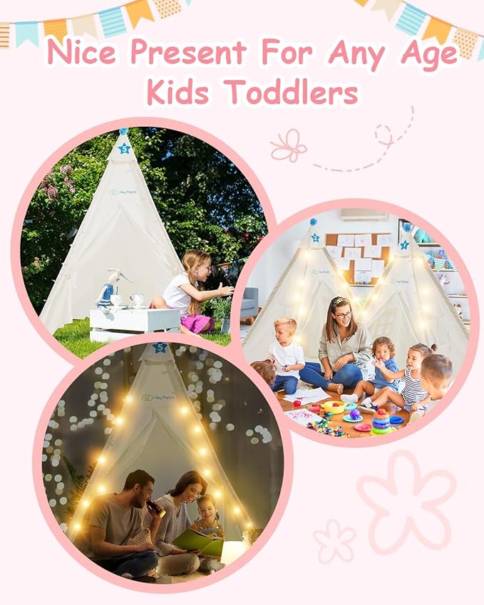 6 Pack Teepee Tent for Kids with Inflatable Airbed, Light, Toddler Tent Children Room Tents, Slumber Party Sleepover Tents, Indoor Outdoor Kids Playtent Playhouse for Girls & Boys-CubbioJoy