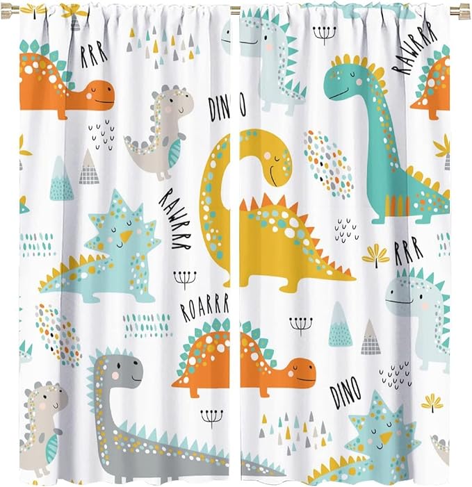 Dinosaur Curtains for Kids Boys Girls Home Decor Childish Cute Dino Animals Print Pattern Rod Pocket Blackout Window Drapes for Nursery Baby Bedroom Playroom W31.5xL72in 2 Panels-CubbioJoy
