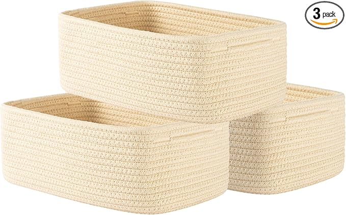 KALLAX Small Woven Basket, 12 x 8 x 4.5 Inches, Storage Basket for Organizing, Cute Small Rope Shelf Closet Cube Storage Bins Baskets for Shelves, Dog Toy Gift Baskets Empty, 3 Packs, Beige-CubbioJoy
