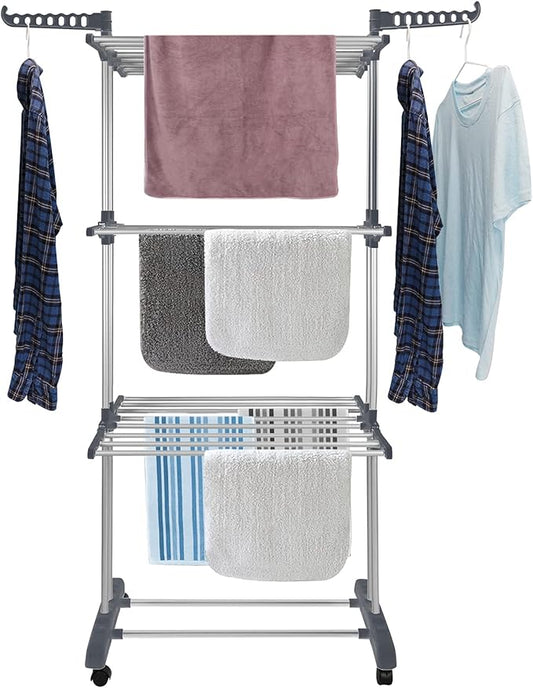 Bigzzia Clothes Drying Rack Folding Drying Rack Clothing 4 Tier Clothes Horses Rack Stainless Steel Laundry Drying Rack with Two Side Wings Grey-CubbioJoy