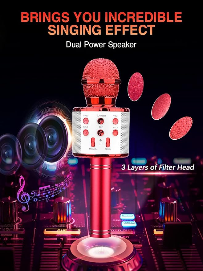 BlueFire 4 in 1 Karaoke Wireless Microphone with LED Lights, Portable Microphone for Kids, Great Gifts Toys for Kids, Girls, Boys and Adults (Red)-CubbioJoy