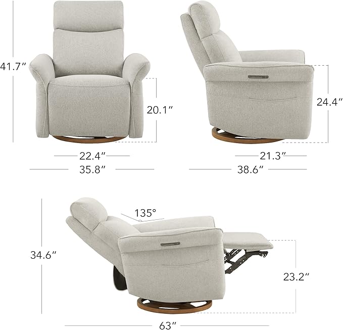 CHITA Power Recliner Chair, Electric Triple-Motor Swivel Glider Nursery Rocking Chair with Adjustable Power Headrest and Lumbar Support, GREENGARD Gold Certified, Solid Wood Base, Crockery Grey-CubbioJoy