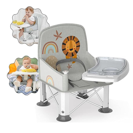 Baby Travel Booster Seat with Double Tray, BabyBond Upgraded Toddler Portable Baby Chair, Booster Seat for Dining Table, Stable and Foldable Booster Baby Chair for Indoor/Outdoor (Grey Lion)-CubbioJoy