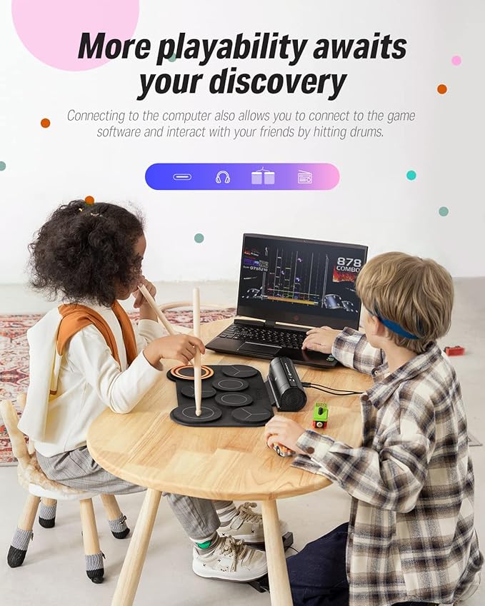 Donner Electronic Drum Set, 7 Pads Electric Drum Pad Roll Up Quiet Drum Pad Built-in Speaker, 40 Drum Lessons Included, Kids Holiday Christmas & Birthday Gift Instrument Toys(DED-20)-CubbioJoy