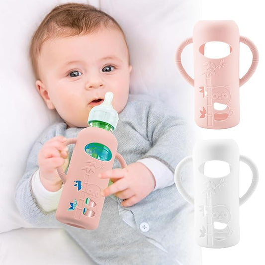 2 Pack Silicone Sleeves for Dr. Brown's Glass Baby Bottles, Anti Breakage Durable Baby Bottle Holder with Easy Grip Handles, Narrow Sleeve with a Cutout, Dishwasher/Freezer/Microwave Safe, 8 oz-CubbioJoy