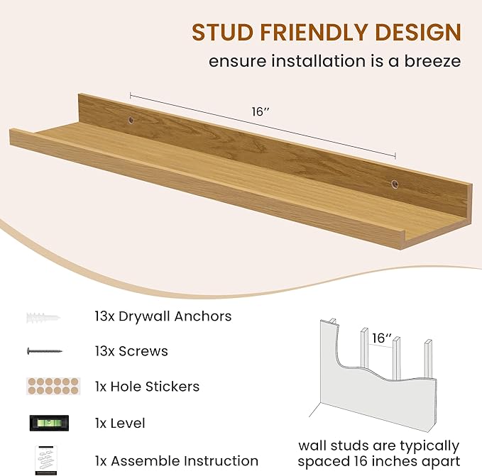 Axeman Picture Ledge Shelf, Floating Shelves for Wall Decor Storage Set of 6, 24 inch Floating Wall Mounted Shelves, Wall Shelves with Lip for Living Room, Bedroom, Nursery, Bathroom, Kitchen, Oak-CubbioJoy