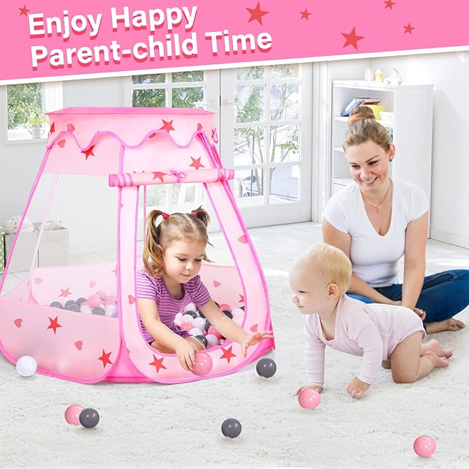 Baby Ball Pit for Toddler with 50 Balls, Kids Pop Up Play Tent for Girls, Princess Toys for Children Indoor & Outdoor Playhouse with Carry Bag (Pink: Pink/White/Gray, 109x90cm/50 Balls)-CubbioJoy