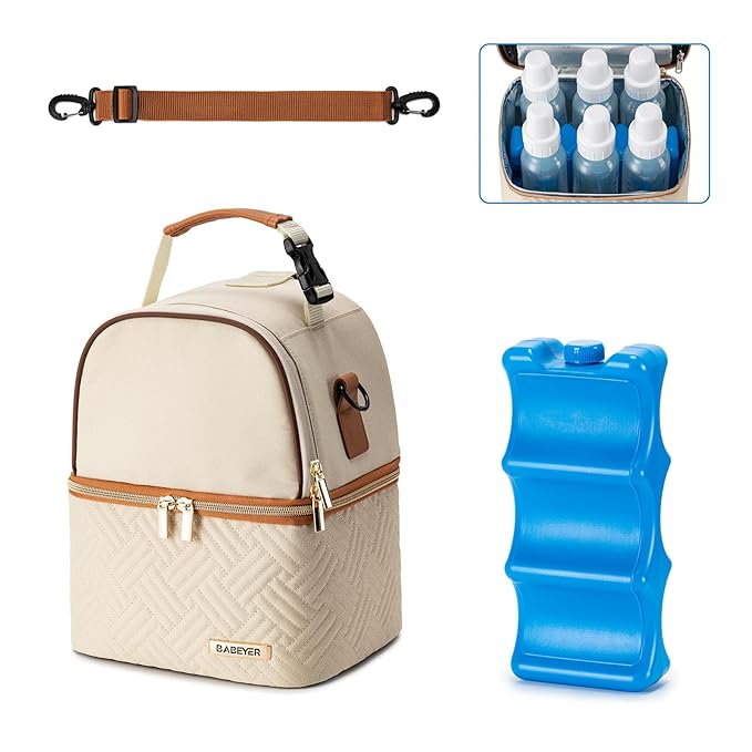 Breastmilk Cooler Bag with Ice Pack Fits 6 Baby Bottles up to 9 Ounce, Breast Milk Pump Cooler Bag with Shoulder Strap for Nursing Mom Daycare, Work, Travel- Cream-CubbioJoy