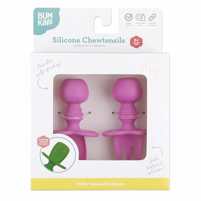 Bumkins Baby Utensils Set, Chewtensils Silicone Spoons for Dipping, Self-Feeding, Baby Led Weaning, Trainer Learning, First Stage Eating, Soft Practice Fork and Spoon, Babies 6 Months, Fuchsia-CubbioJoy