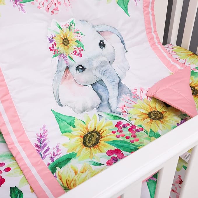 Cloele Crib Bedding Set for Baby Girls - 3 Piece Elephant Baby Bedding Set includes Pink Crib Skirt Crib Quilt Fitted Sheet - Sunflower Soft Nursery Comforter Bedding Set for Girls-CubbioJoy