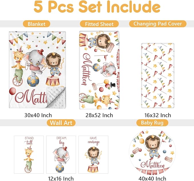 Custom Baby Crib Bedding Set, 5 Pcs Personalized Name Baby Crib Set with Double Layer Blanket, Soft Circus Animals Nursery Bedding Set for Girls Boys, Customized Gifts for Infants Toddlers-CubbioJoy