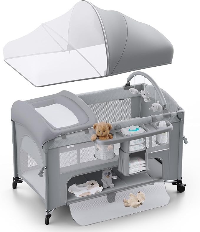 4 in 1 Baby Bassinet, Pack and Play, Bedside Crib Sleeper, Diaper Changer - Comes with Mattress, Mosquito Net，Bottom Storage and Toy Bar for Newborn to Toddles-CubbioJoy