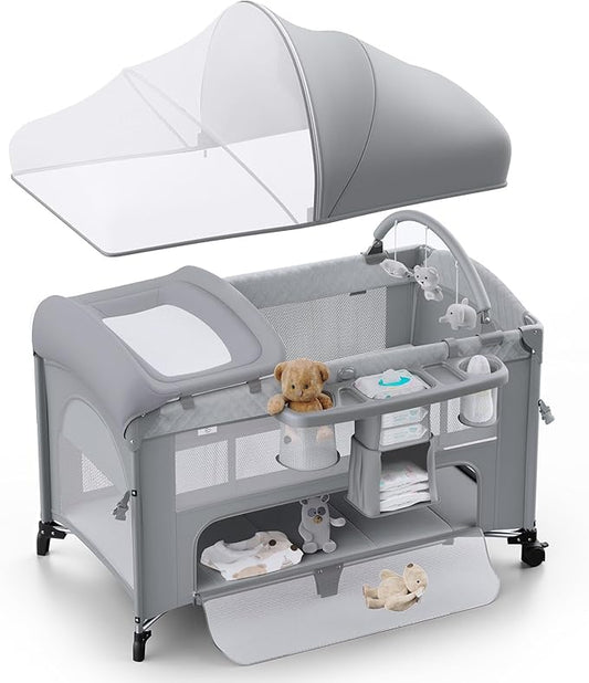 4 in 1 Baby Bassinet, Pack and Play, Bedside Crib Sleeper, Diaper Changer - Comes with Mattress, Mosquito Net，Bottom Storage and Toy Bar for Newborn to Toddles-CubbioJoy