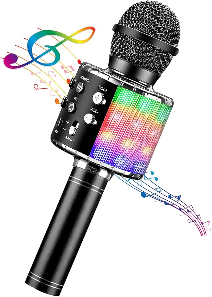 BlueFire 4 in 1 Karaoke Wireless Microphone with LED Lights, Portable Microphone for Kids, Great Gifts Toys for Kids, Girls, Boys and Adults (Black)-CubbioJoy