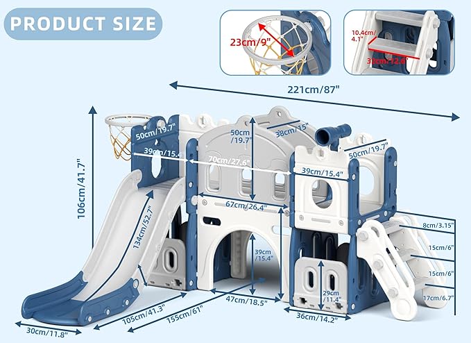8 in 1 Toddler Slide and Climber Playset Indoor Outdoor Kids Slide with Basketball Hoop,Telescope, Storage Space, Freestanding Backyard Playground for Toddler Age 1-3, Blue-CubbioJoy