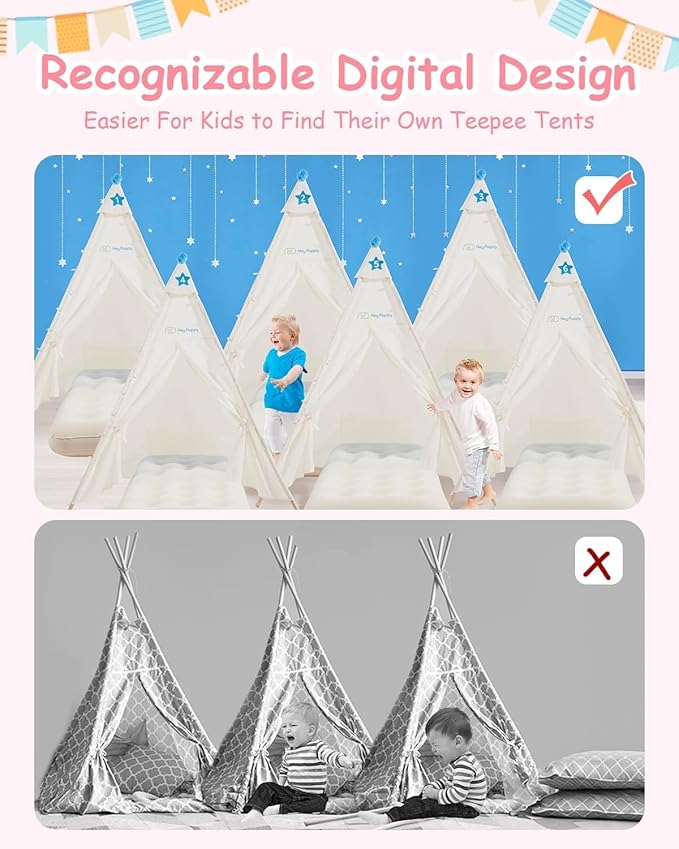 6 Pack Teepee Tent for Kids with Inflatable Airbed, Light, Toddler Tent Children Room Tents, Slumber Party Sleepover Tents, Indoor Outdoor Kids Playtent Playhouse for Girls & Boys-CubbioJoy