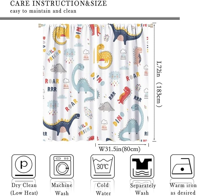 Cartoon Dinosaur Curtains for Kids Boys Girls Home Decor Colorful Cute Dino Animals Print Pattern Rod Pocket Blackout Window Drapes for Nursery Baby Bedroom Playroom W31.5xL72in 2 Panels-CubbioJoy