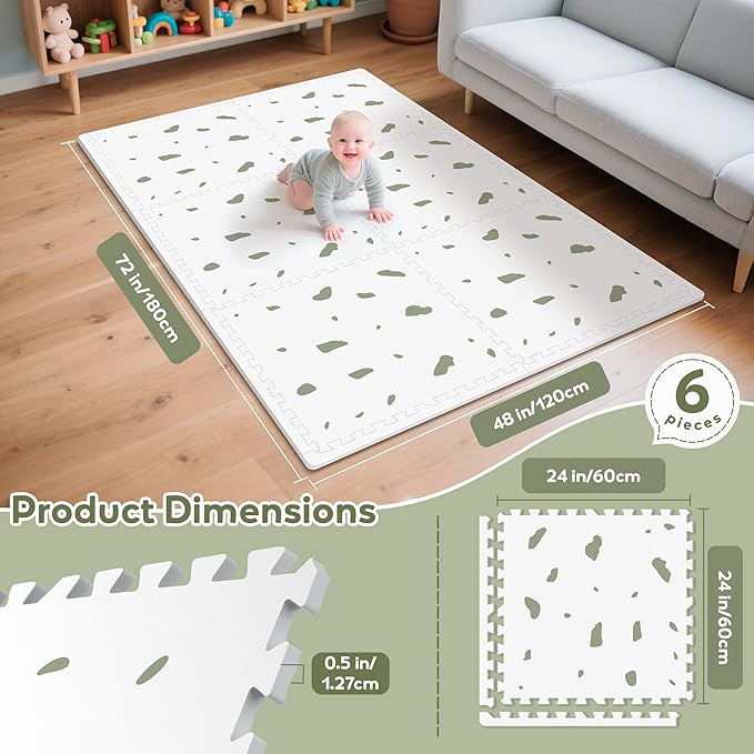 Baby Foam Play Mat-72”x 48” Baby Playmat,6-Piece Interlocking Foam Floor Tiles,Puzzle Mat for Infants and Toddlers,Waterproof Crawling Mat,Non Toxic Play Mat for Baby Tummy Time Mat(Spot)-CubbioJoy