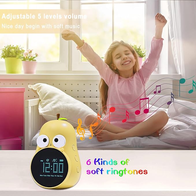 Kids Alarm Clock for Girls Pear Alarm Clock with Snooze Toddler Sleep Training Clock for Bedroom Home Office(Yellow)-CubbioJoy