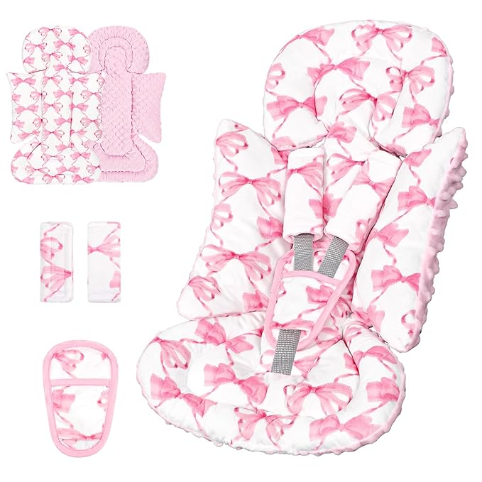 Infant Car Seat Insert, Soft Baby Car Seat Head & Body Support for Girl Boy, Reversible Newborn Preemie Carseat Insert Cushion with 3 Straps Pads, Fits Car Seat, Stroller, Swing, Bouncer, Pink Bow-CubbioJoy