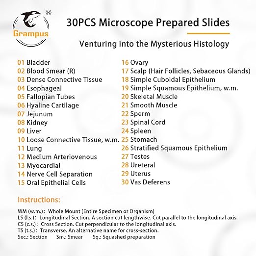 30 Prepared Microscope Slides with Specimens for Kids Students - Histology, for Biological Science Lab, Children's Science Education, Homeschooling Use-CubbioJoy
