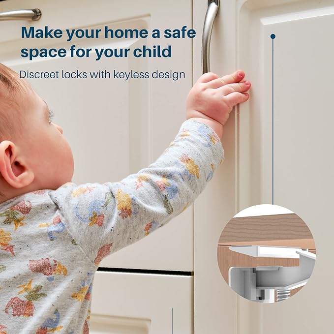 Inaya Cabinet Locks Child Safety Latches - Baby Proofing Cabinets & Drawers Locks - Child Proof Your Home - No Drilling & No Tools Required! (12 Pack - Extended Length Version)-CubbioJoy