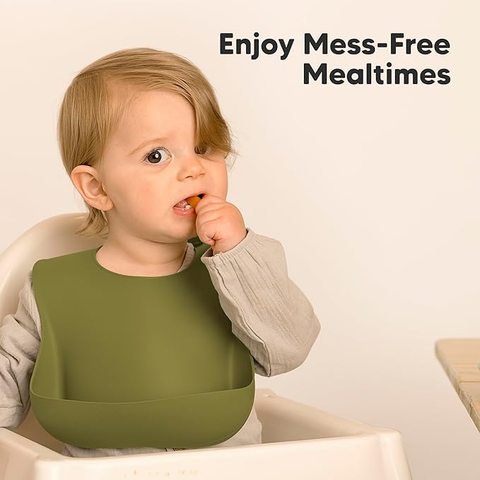 KeaBabies 2-Pack Silicone Baby Bibs for Eating - Sturdy Food-Grade Silicone Bibs for Babies Girl, Boy, Large Food Catcher, Clean & Put On Easily, Waterproof Toddler Feeding Essentials (Olives)-CubbioJoy