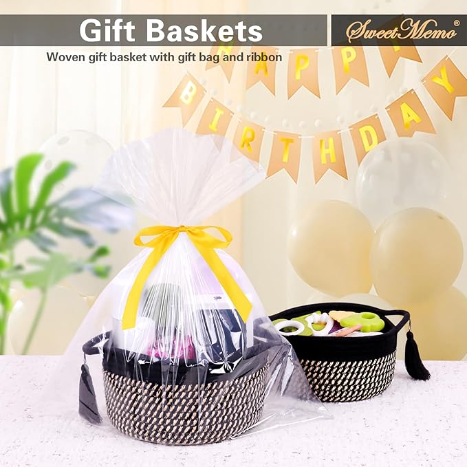 Decorative Small Gift Basket Empty – SweetMemo Cute Woven Rope Organizer Baskets for Desk, Bedside, Bathroom, Key, Round Boho Decor Cotton Bin with tassel, Gift Bag, Ribbon – Rustic Black Brown-CubbioJoy