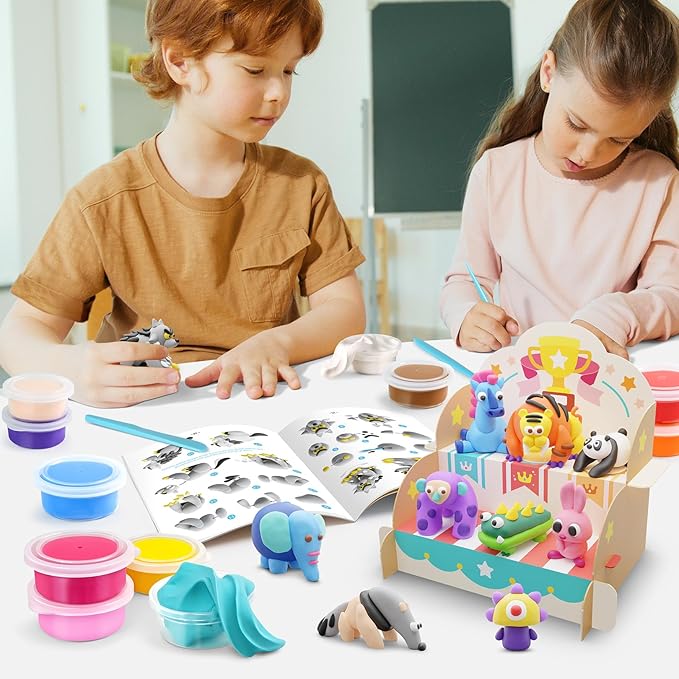 Drama Planet Air Dry Clay Kit for Kids - Comes with Instructional Guide Featuring 4 Scenes & 26 Projects Tutorials, 18 Cans of Modeling Clay, Includes Display Stand, Gift for Girls and Boys-CubbioJoy