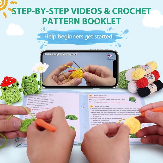 Crochetta Crochet Kit for Beginners, Beginner Crochet Animal Kits for Adults with Step-by-Step Video Tutorials, DIY Knitting & Crocheting Craft Hobbies Supplies, 2 Pack Frog Amigurumi(40%+ Yarn)-CubbioJoy