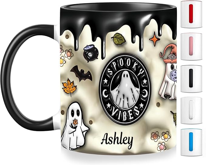Custom Halloween Coffee Mug with Names, Pumpkin Coffee Cup, Personalized Ghost Ceramic Coffee Mug, Spooky Vibes Trick Or Treat Halloween Accent Mug, Spooky Season Gift for Women Men 11 Oz-CubbioJoy