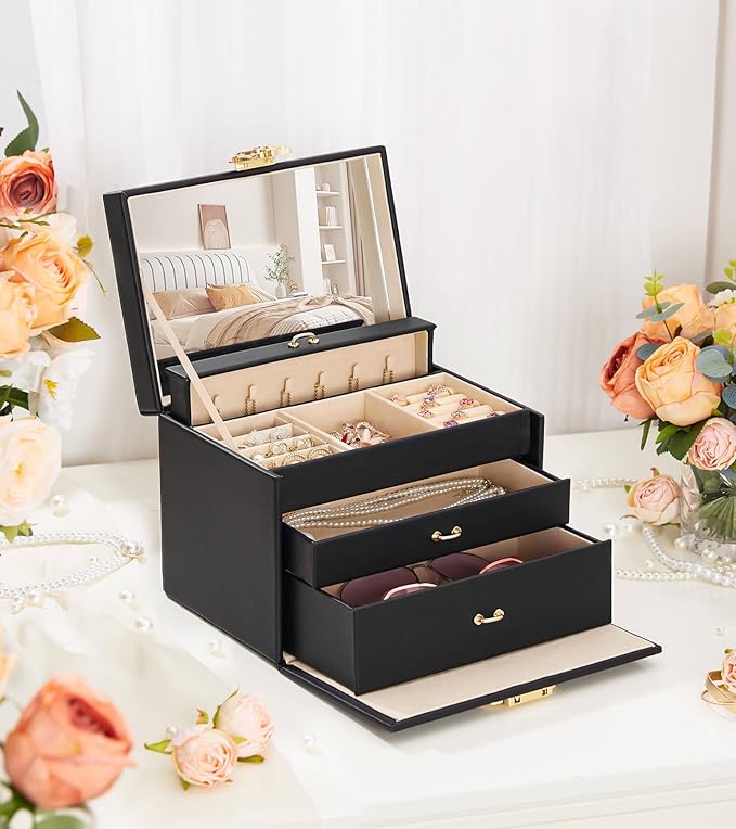 Jewelry Box with Lock for Girls: Jewelry Organizer for Dresser - 3-Drawer Earrings Storage Girls Women Gift (Black)-CubbioJoy