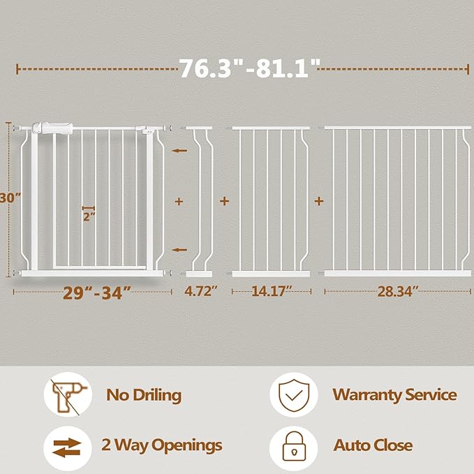 Baby Gate for Doorways Stairs Hallway 76.3-81.1 Inch Wide, Walk Through Child Gates with Pressure Mounted Extention Kit, Indoor Safety Child Gates for Kids or Pets-CubbioJoy
