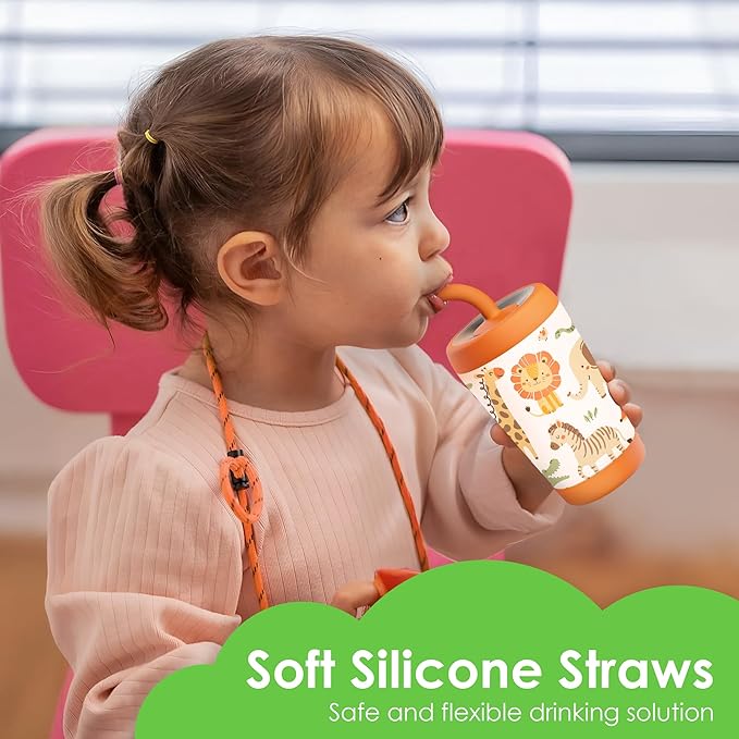Kid Insulated Stainless Steel Tumbler with Silicone Straw, 12oz Sippy Cup for Kids (Jungle Animals)-CubbioJoy