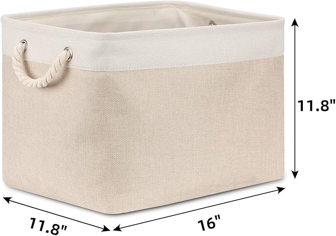 Bidtakay Beige Storage Basket Large Fabric Cloth Baskets [2-Pack] Tall Rectangular Shelf Baskets 16X11.8X11.8 in Canvas Collapsible Storage Bins with Handles for Organizing Living Room(White&Beige)-CubbioJoy