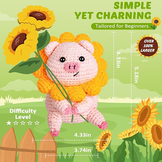 Crochet Kit for Beginners, Crochet Kit w Step-by-Step Video Tutorials, Crochet Starter Kit Learn to Crochet Kits for Adults Kids Beginners, Crochet Kit Pig (40%+ Yarn Content)-CubbioJoy