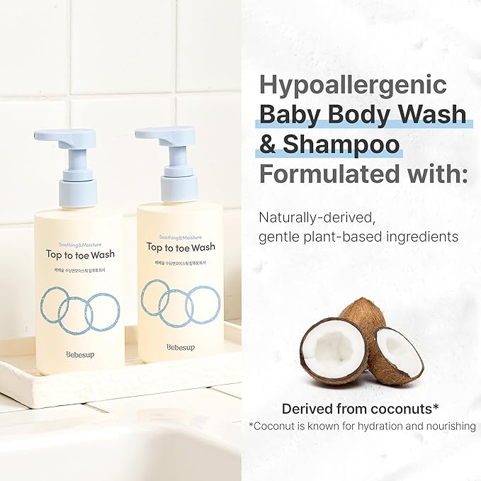 BEBESUP- 베베숲 Head to Toe Wash Baby Shampoo | Korean Skincare for Sensitive & Atopic Skin Organic Rice Cera Biome Hypoallergenic Coconut-Derived Cleanser Head to Toe Use 10.14 fl oz-CubbioJoy