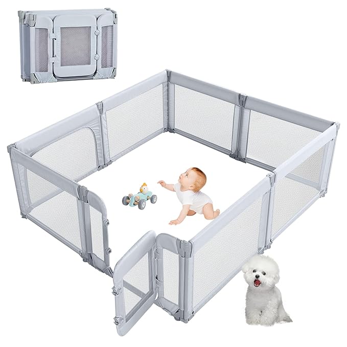 Baby Playpen,Large Play Pen for Babies and Toddlers with Door 79x71 Inch, Adjustable Playpen Non-Slip Suction Cups Base Safe and Sturdy, Indoor Outdoor Playard,Black-CubbioJoy