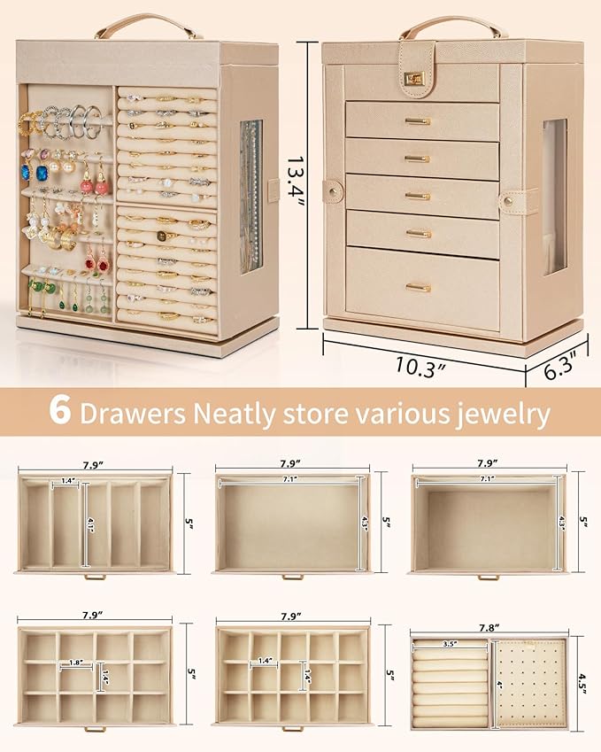 AKOZLIN Jewelry Box 360° Rotating 6-Tier Functional Jewelry Storage Case Organizer for Women Girls Ring Necklace Earring Bracelet Holder with Mirror-CubbioJoy