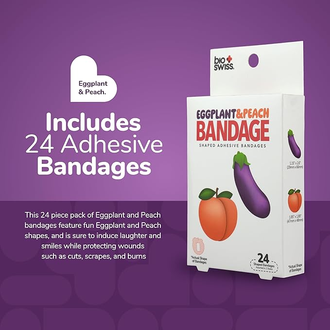 BioSwiss Bandages, Eggplant and Peach Shaped Adult Self Adhesive Bandage, Latex Free Sterile Wound Care, Funny First Aid Kit Supplies for Adults, 24 Count-CubbioJoy