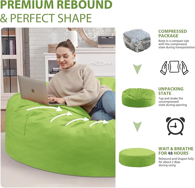 7FT Bean Bag Chair, Large Bean Bag Chairs with Memory Foam Filled, Fluffy Beanbag Sofa with Dutch Velvet Cover, Round BeanBag Chairs for Living Room, Playroom - Lime-CubbioJoy