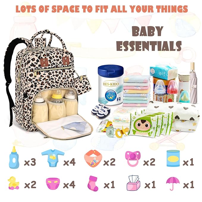 Baby Diaper Bag Backpack Travel Diaper Bags for Baby Girl Boy Large Capacity Baby Bag Backpack for Women Leopard Print-CubbioJoy