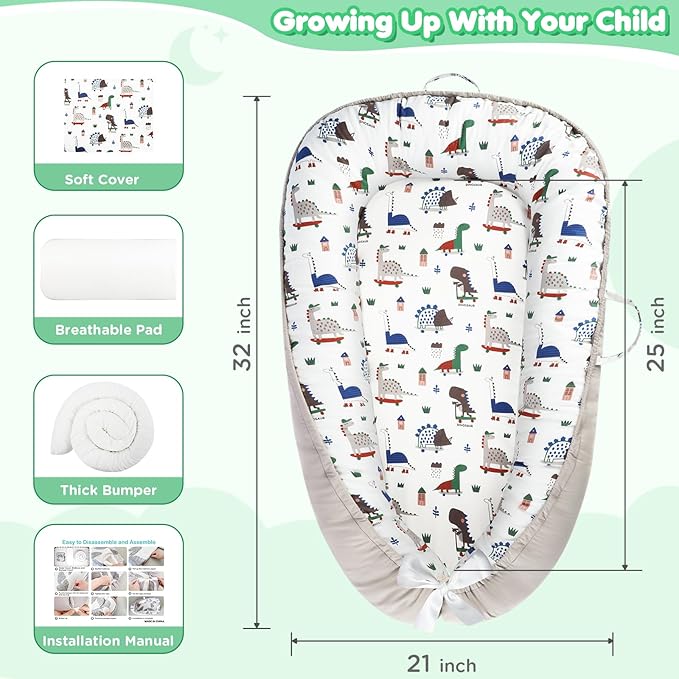 Baby Lounger - Baby Lounger for Newborn 0-24 Months, Breathable and Soft Cotton Cover Baby Nest, Portable Cozy Tummy Time Lounger for Home and Travel, Ideal Baby Essentials & Shower Gifts-CubbioJoy