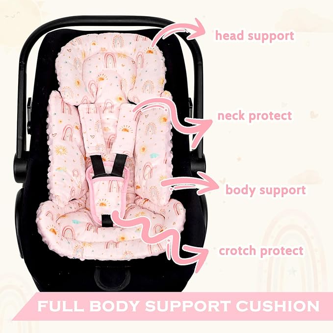 Infant Car Seat Insert and Strap Covers, Very Soft Car Seat Head Support Baby Girl Boy, Reversible Newborn Carseat Insert Cushion Fits for Stroller, Baby Swing, Bouncer (Pink Rainbow)-CubbioJoy