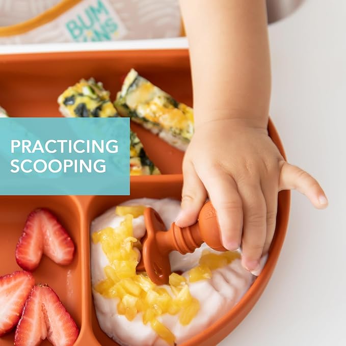 Bumkins Baby Utensils Set, Chewtensils Silicone Spoons for Dipping, Self-Feeding, Baby Led Weaning, Trainer Learning, First Stage Eating, Soft Practice Fork and Spoon, Babies 6 Months, Clay-CubbioJoy