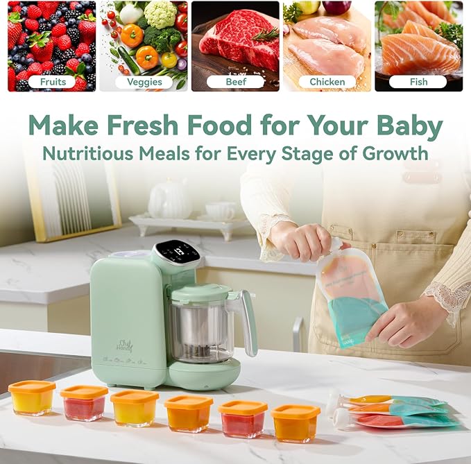 Baby Food Maker, 5 in 1 Baby Food Processor with Steaming Basket, Auto Cooking & Grinding, Touch Screen Control, Baby Steamer and Blender, Baby Food Puree Maker Warmer Mills Machine (Green)-CubbioJoy